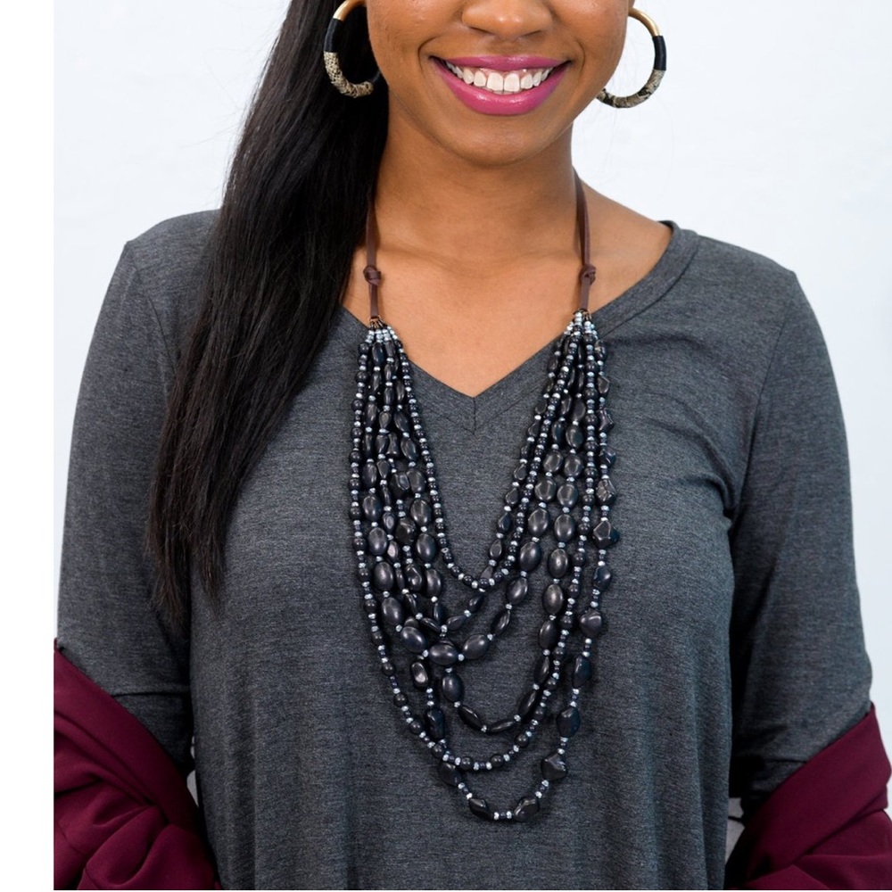 Multi-Layer Black & Silver Beaded Necklace - image 2